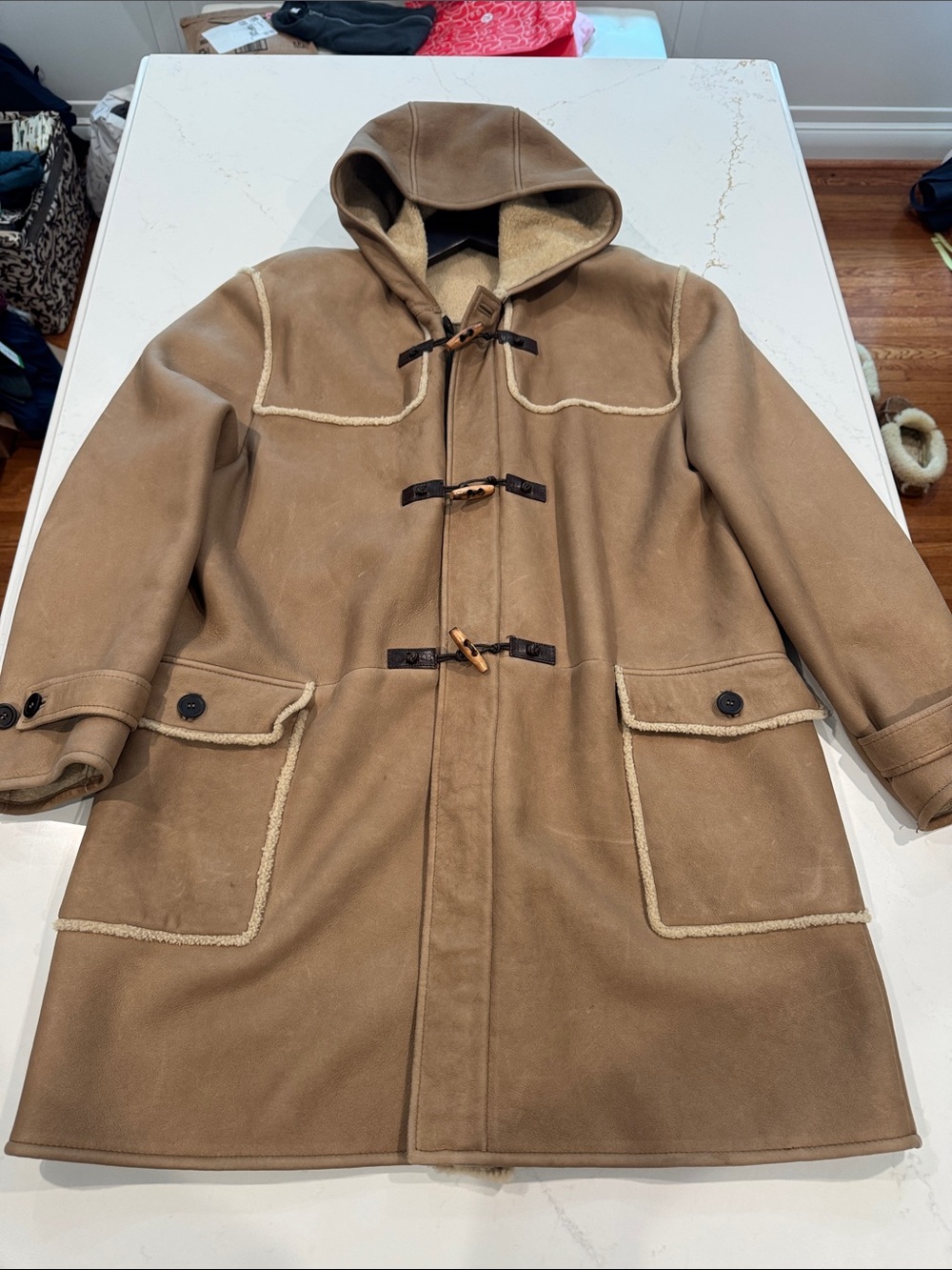 Cole Haan Lambskin Hooded Shearling-Trim Duffle Coat